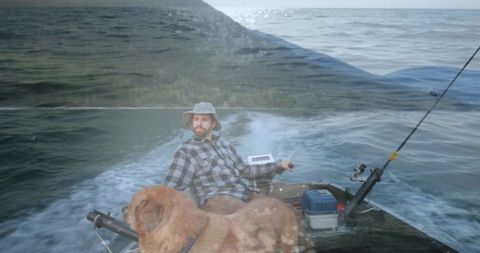 Double Exposure of Man Boating with Dog Against Water Backdrop