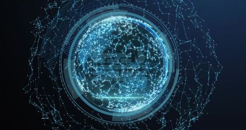Holographic Data Globe Displaying Network Nodes, HUD Rings, Digital Particles, Wireframe