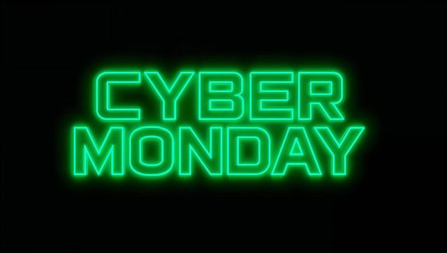 Glowing Green Cyber Monday Neon Sign Emitting Soft Halo on Dark Digital Banner