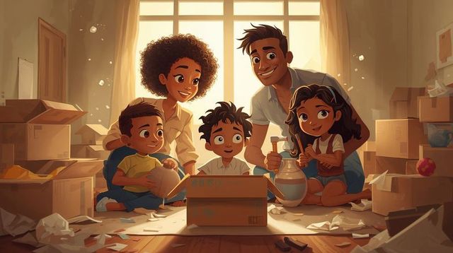 Sunlit family unpacking together discovering heirloom vase and cozy warm new-home moments