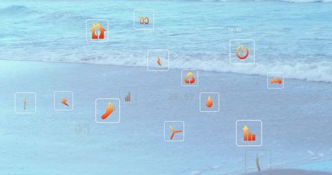 Sustainability and renewable energy icons overlay at serene beach