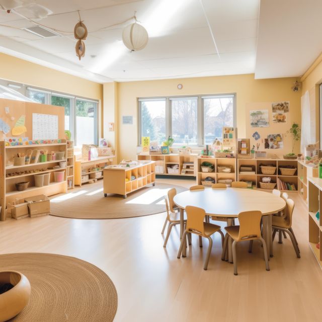 Modern Montessori classroom filled with natural light features organized shelves and wooden furniture. Ideal for illustrating articles on child development, early childhood education, Montessori teaching methods, or the benefits of natural light in learning spaces.