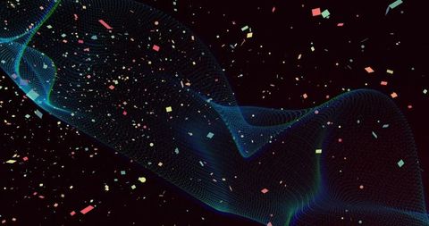 Flowing neon mesh ribbon across dark digital void with pastel confetti and particles