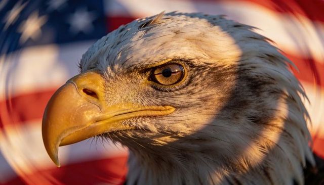 Bald eagle head capturing golden hour light against blurred american flag background