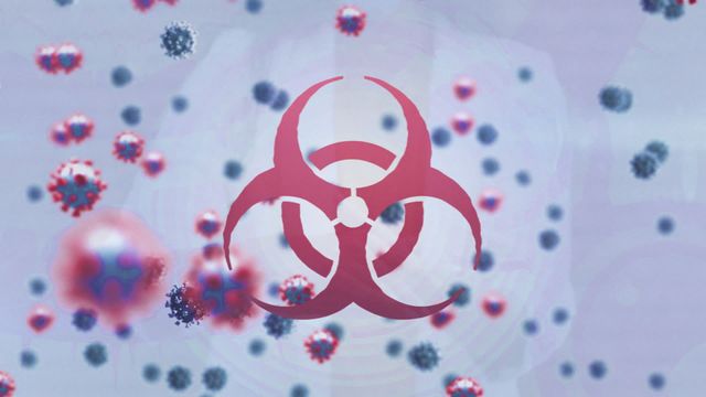 Visual illustration of COVID-19 virus cells floating with prominent biohazard sign in the center. Useful for communicating public health warnings, creating educational material on pandemics, virus outbreaks, or health risks, background for medical presentations, and raising awareness regarding infectious diseases.