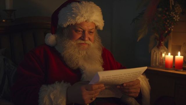 Santa Claus Reading Christmas Letter in Cozy Candlelit Room