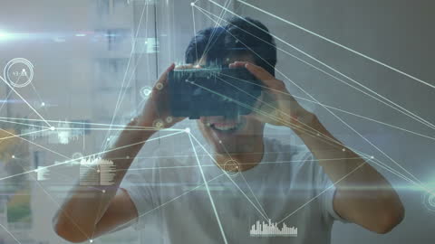 Man Exploring Virtual Reality with Digital Connections Overlay