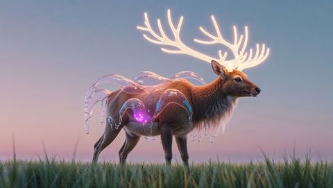 Majestic Stag with Luminous Neon Antlers in Mystic Dusk