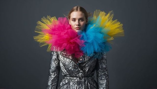 Avant-garde metallic trench with oversized color-block tulle ruff, couture portrait