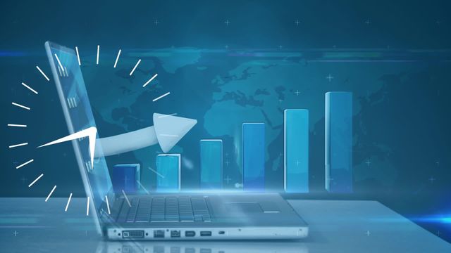 Creative depiction highlights the intersection of time management and data-driven decision-making in world-wide business. Useful for illustrating trends in business technology, presentations on digital transformation, or articles discussing global market strategies.