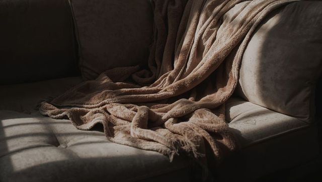 Sunlit plush throw draping over tufted sofa casting slatted blind shadows, cozy texture