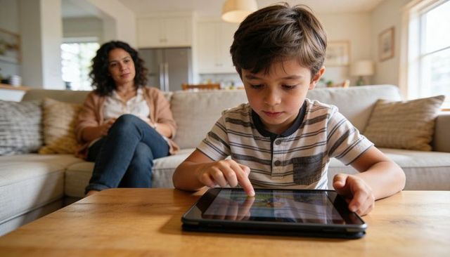 Young boy tapping tablet on coffee table while mother watches in modern living room