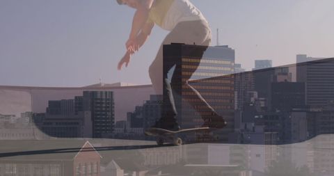 Skateboarder Performing Trick with Urban Cityscape