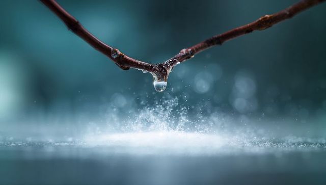 Serenity and Precision: Dew Drop on Branch Reflecting Nature