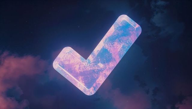 Neon Pink Glittering Check Mark Floating in Cosmic Background