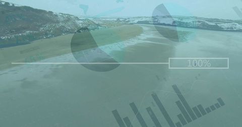 Futuristic Data Visualization Overlay on Snow-Covered Beach