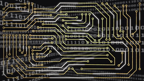 Futuristic Circuit Board Design with Binary Code Background