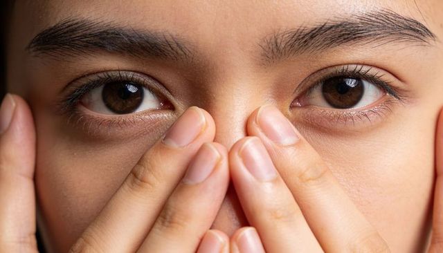 Closeup asian woman covering face with hands showing natural skin texture and brown eyes