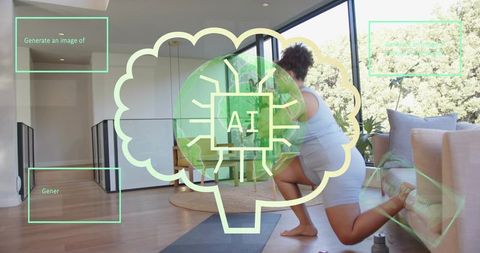 Home workout with ai fitness overlay performing lunges on mat in living room