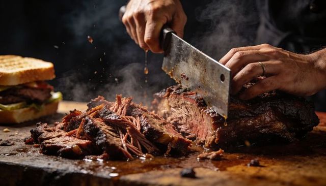 Hands carving juicy smoked brisket with cleaver on rustic wooden board for barbecue