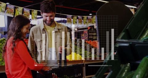 Couple shopping in grocery store with infographic overlay