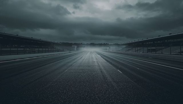 Moody empty racing track with wet asphalt and overcast skies