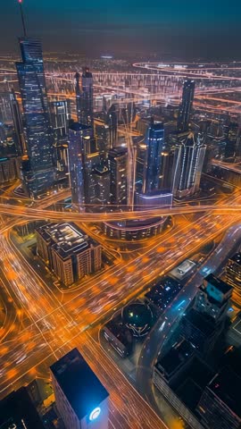 Vertical aerial video capturing glowing city skyline and highway light trails at dusk