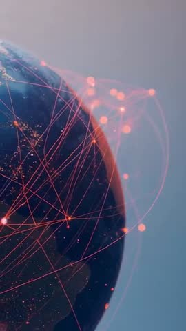 Rotating globe revealing global network with neon data trails and glowing cities vertical video