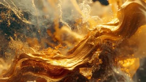 Golden Viscous Ribbon Flowing, Folding and Shedding Micro-Bubbles in Slow Motion