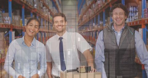 Smiling Warehouse Supervisors with Superimposed Statistical Data - Download Free Stock Images Pikwizard.com