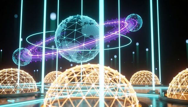 Rotating holographic globe with neon orbital rings and geodesic domes in futuristic holo lab
