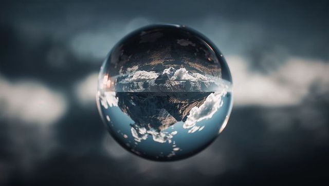 Floating Sphere with Inverted Mountain and Clouds in Surreal Atmosphere