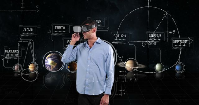 Composition of solar system and data processing over caucasian man using vr headset. Global business, digital interface, cloud computing and data processing concept digitally generated image.