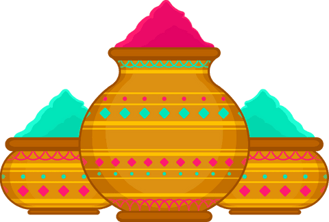 Colorful holi pots with vibrant pigment powder on transparent background