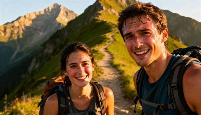 Young couple hiking sunlit alpine ridge during golden hour