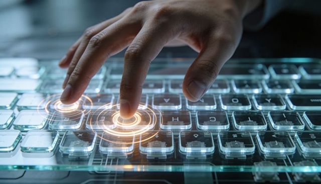 Fingertip Activating Futuristic Glass Keyboard with Holographic Touch Interface and Circuitry