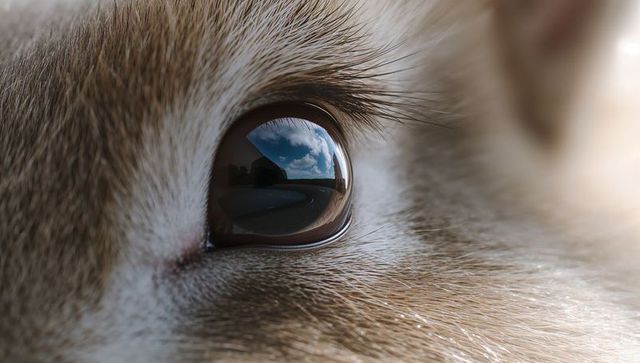 Cat eye reflecting blue sky and roadway, macro close-up showing fur texture and eyelashes