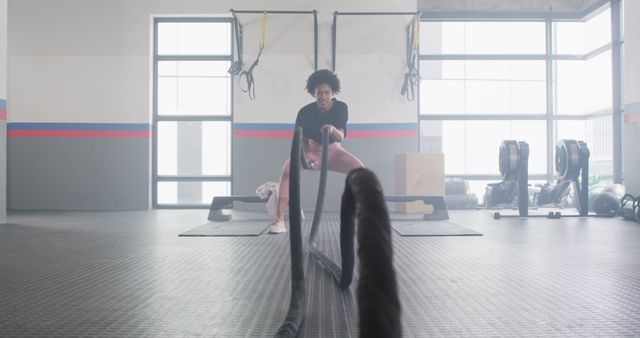 Focused Woman Exercising with Battle Ropes in Gym - Download Free Stock Images Pikwizard.com