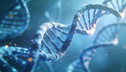 Blue dna helix twisting in microscopic space with glowing particles and molecular texture