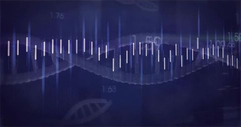 Abstract dna waveform with bar chart overlay against purple theme