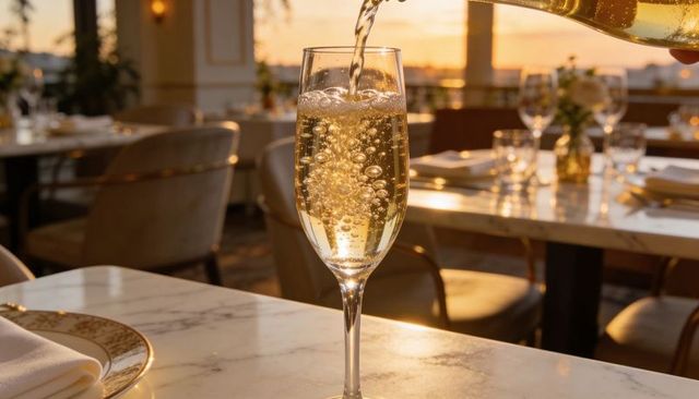 Pouring champagne into flute at sunset on marble table in elegant restaurant interior