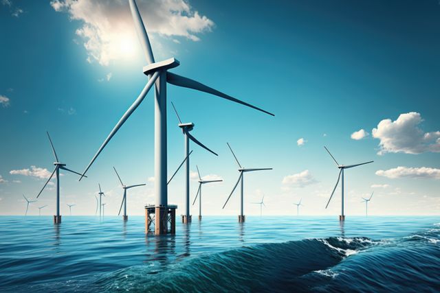 Offshore wind turbines standing in the ocean against a clear blue sky and a wave in the foreground. Ideal for illustrating renewable energy concepts, sustainable power solutions, environmental conservation efforts, or modern green technology agendas. Suitable for publications, educational materials, environmental organization websites, or promotional content regarding clean energy and eco-friendly initiatives.