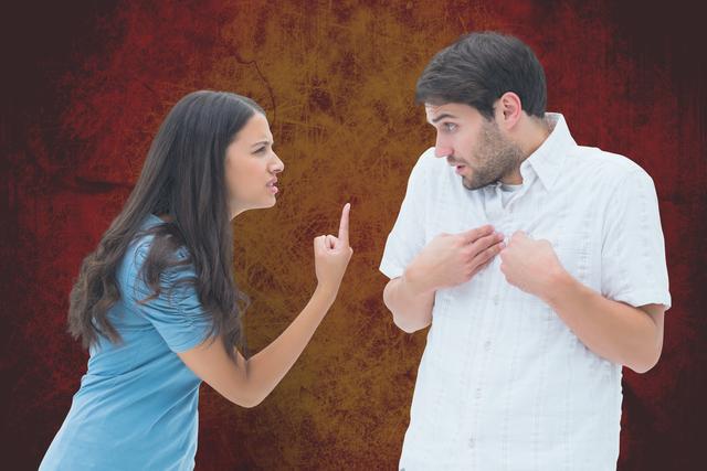 Couple in intense argument, woman pointing finger while man appears defensive. Suitable for illustrating relationship issues, communication problems, emotional expression in couples, marriage counseling concepts, and conflict resolution.