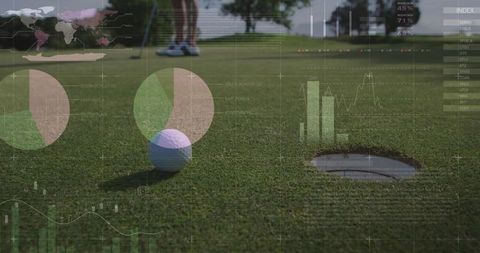 Golfer Analyzing Putt with High-Tech Data Overlay