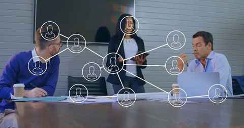 Businesswoman Leading Conference with Digital Network Concept