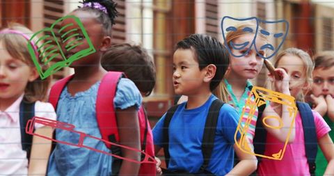 Diverse Group of Schoolchildren with Education Icons Overlay - Download Free Stock Images Pikwizard.com
