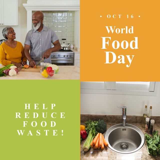 Senior African American couple celebrating World Food Day on October 16 by preparing fresh vegetables in their kitchen. Highlighting the importance of reducing food waste for environmental sustainability. Ideal for promoting eco-friendly living, healthy eating habits, and awareness events related to food security and waste reduction.