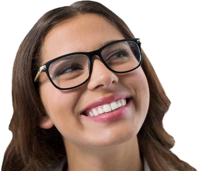 Happy Woman with Glasses Smiling and Looking Away on Transparent Background - Download Free Stock Videos Pikwizard.com