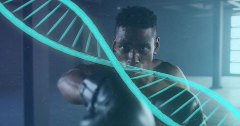 Athlete boxing with digital dna overlay representing performance enhancement