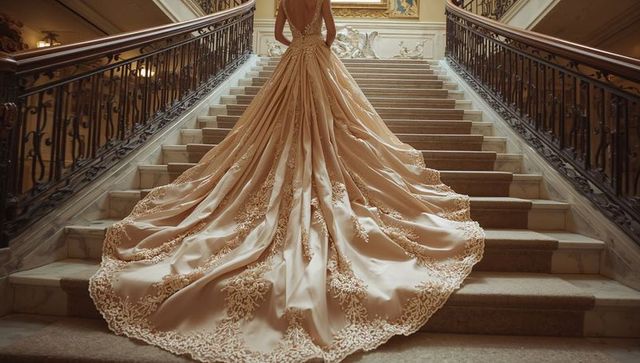 Elegant bride in lavish wedding gown descending marble staircase